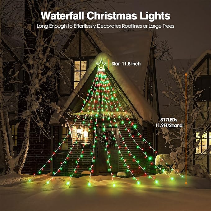 BlcTec Outdoor Christmas Decorations 317 LEDs Christmas Lights with 9 Strands 11.9ft Waterfall Christmas Tree Lights, 8 Modes, Waterproof, Topper Star & Timer for Yard Patio Xmas Décor, Red Green