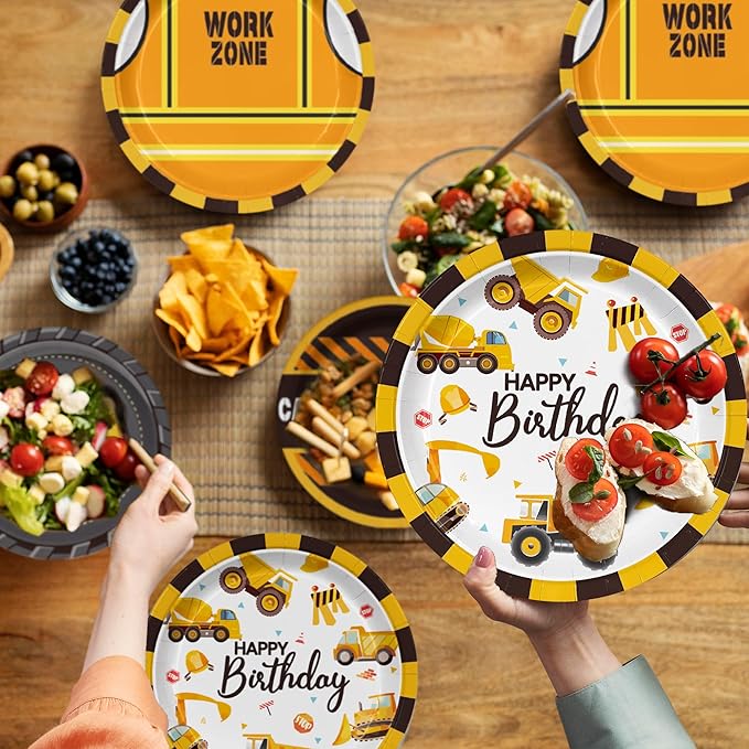 60PCS Construction Birthday Decorations for Boys kids Construction 1st Birthday Party Supplies Including Tuck Themed 9inch Plates 7inch Plates for Baby Shower