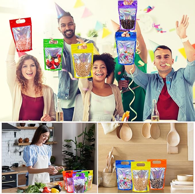 120 Pcs Plastic Gift Bag Bulk Resealable Party Goodie Bag with Clear Window Color Favor Pouch with Handle for Home Birthday Wedding Party Candy Gift Wrap Supplies(Laser,5.5 x 8.7 Inch)