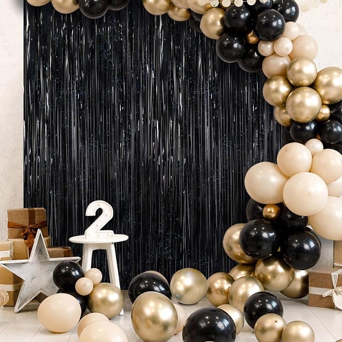 2 Pack Fringe Curtains Backdrops, Foil Fringe Curtains, Door Streamers for Birthday Wedding Bridal Shower Holiday Graduation Party Decorations, Photo Booth Backdrops, Glitter Black