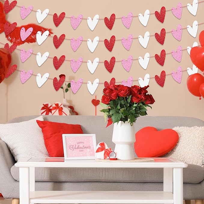 Tifeson 4 Pack Glitter Heart Garland Banner, NO DIY, Valentine's Day Decorations, Red Pink White Paper Heart Banner for Valentines Home Mantle Wall Table Wedding Engagement Anniversary Galentines Decor