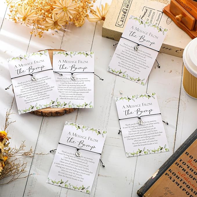 Thyle 50 Set Green Leaf Baby Shower Favors for Guests Adjustable Bracelets with Message from the Bump Card Footprints Charm Baby Shower Bracelets for Gender Reveal Thank You Gifts