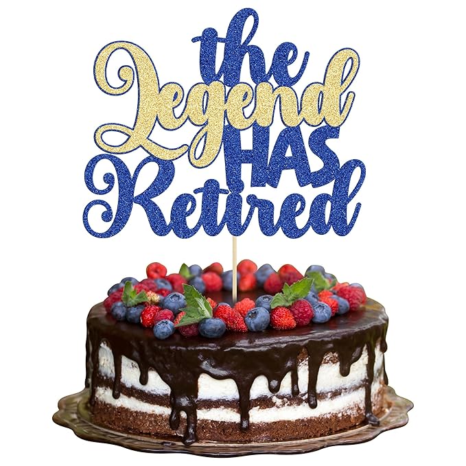 Gyufise 1Pc The Legend Has Retired Cake Topper Glitter Goodbye Hello Tension Pension Cake Pick for Happy Retirement Farewell Theme Party Decoration Supplies Blue Gold