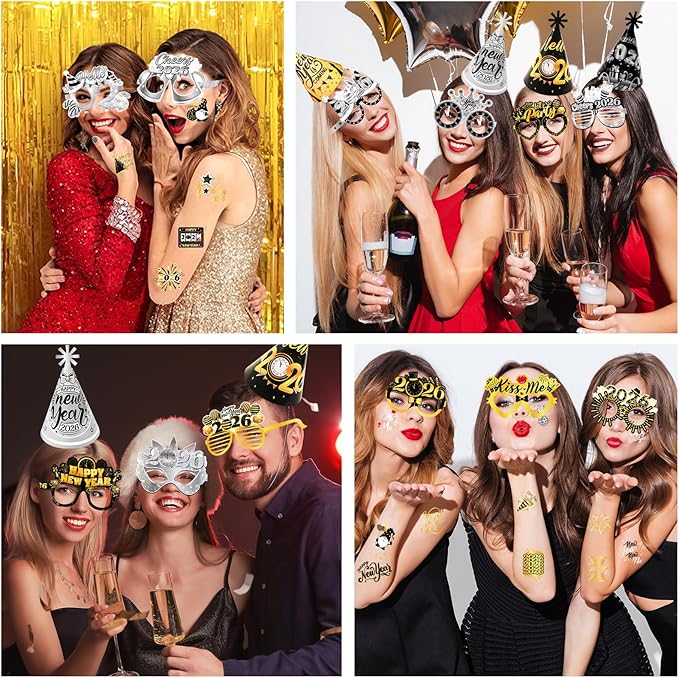 HOWAF New Year Eve Party Supplies 2026, Black Gold Silver Happy New Year 2026 Cone Hats New Years Eve Hats 2026 Glasses Party Blowouts Tattoos Bead Necklaces NYE Party Favors 2026 Decorations