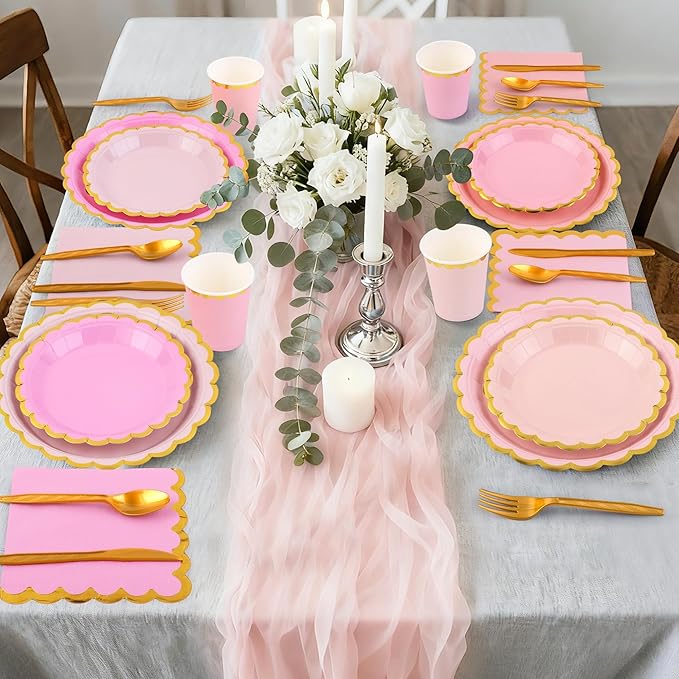 Kochorie 140 PCS Pink Plates and Napkins Party Supplies for 20 Guests Disposable Light Pink Paper Plates Set Includes Pink Scalloped Plates Napkins Cup Cutlery Set for Baby Shower Birthday Wedding