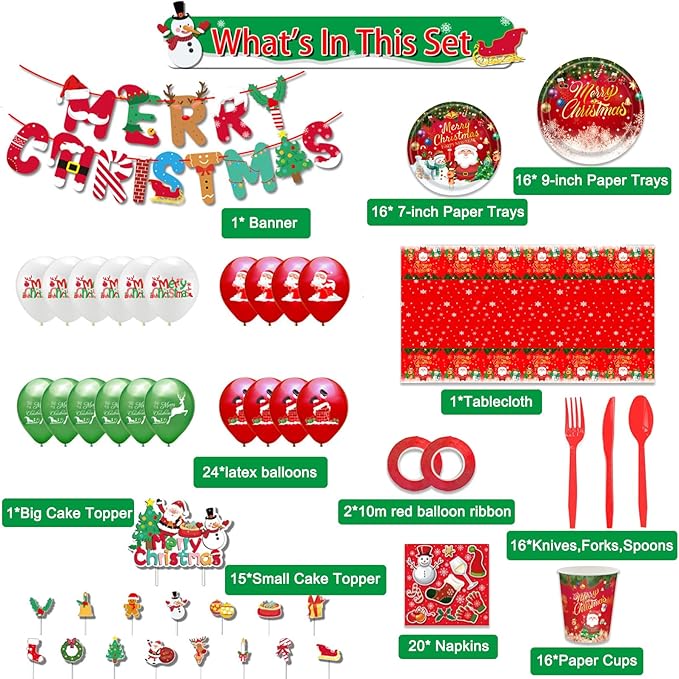 Christmas Dinnerware Set Santa Claus Party Supplies Includes Plates Napkins Cups Knives Spoons Forks Tablecloth Balloons Banner Cupcake Toppers for Merry Christmas Party 156 Pieces