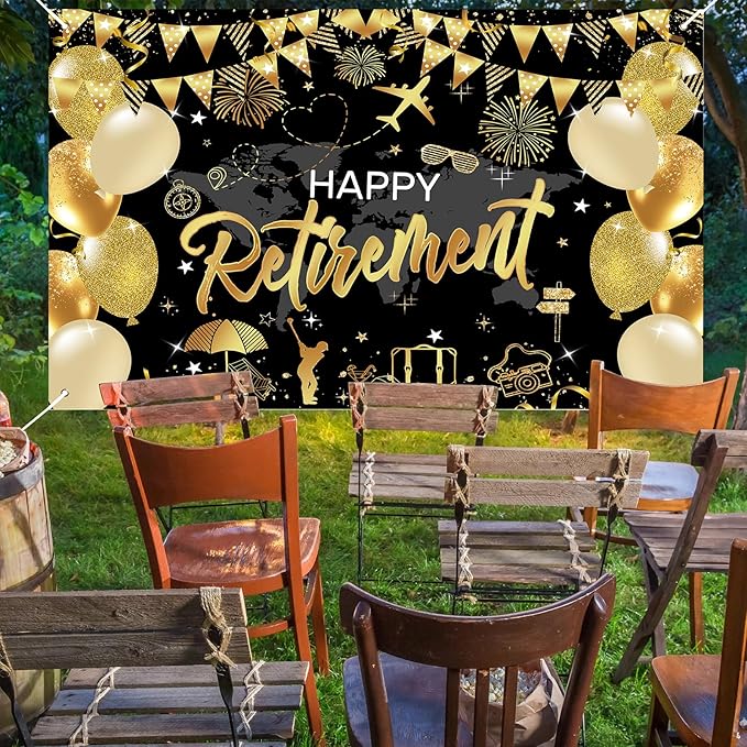 Mocsicka Happy Retirement Backdrop Pink Rose Gold Balloons Women Happy Retirement Banner Party Decorations Photo Booth Props (Black Gold, 7x5ft)