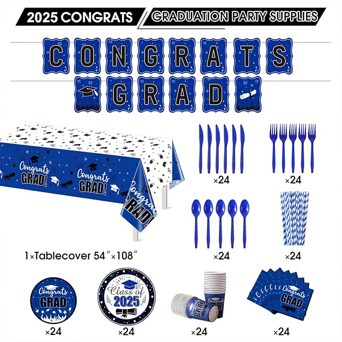 Graduation Party Supplies Congrats Grad Decorations Class of 2025, Disposable Plates and Napkins with Banner Tablecloth Cups Dinnerware Sets for Graduation Decor, Serves 24 (Blue and White)