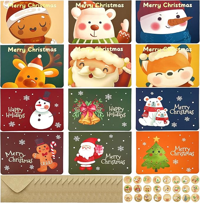 12 Pcs Christmas card with Envelopes & 24 Pcs Sticker,Cartoon categories holiday cuteness multiple loose cards with envelopes and written blessing messages, can be given to friends, family, children, boys and girls (Green)