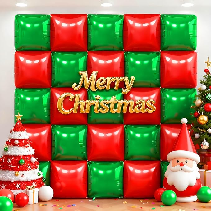 36Pcs Red and Green Square Foil Balloons Wall Backdrop, Double Sided Metallic Foil Balloons Tunnel Arch Garland Kit for Photo Booth Birthday Wedding Halloween Christmas Party Decorations