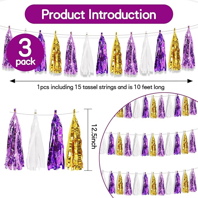BEISHIDA 3 Packs Purple Gold White Metallic Foil Fringe Tassel Garland Banner Streamers for Graduation Birthday Wedding Bridal/Baby Shower Engagement Girl Theme Halloween Holiday Party Decoration