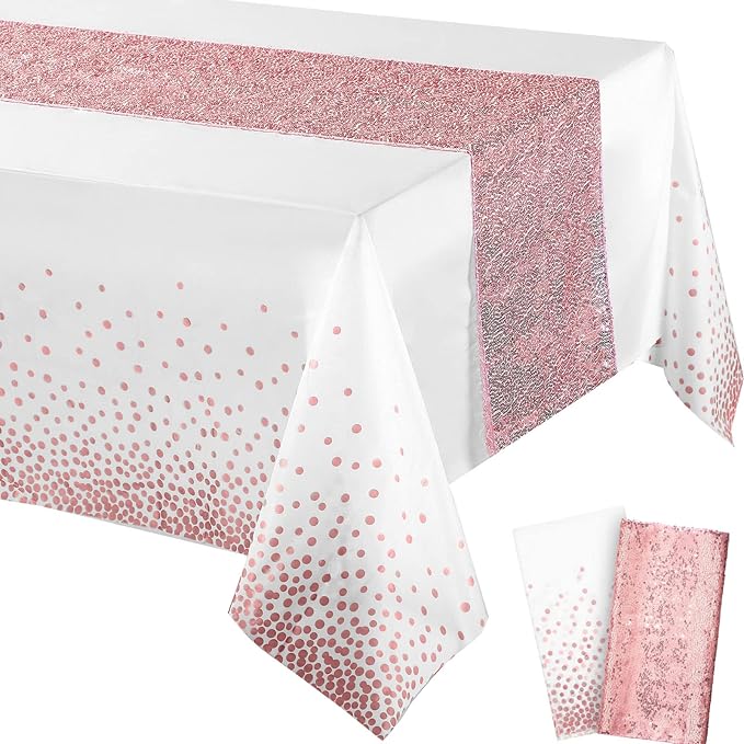Tablecloth and Sequin Table Runner Set Polka Dots Confetti Table Cover Dining Plastic Table Cloths Glitter Decorations for Birthday Wedding Anniversary Party Supplies (White, Rose Gold, 2 Pcs)