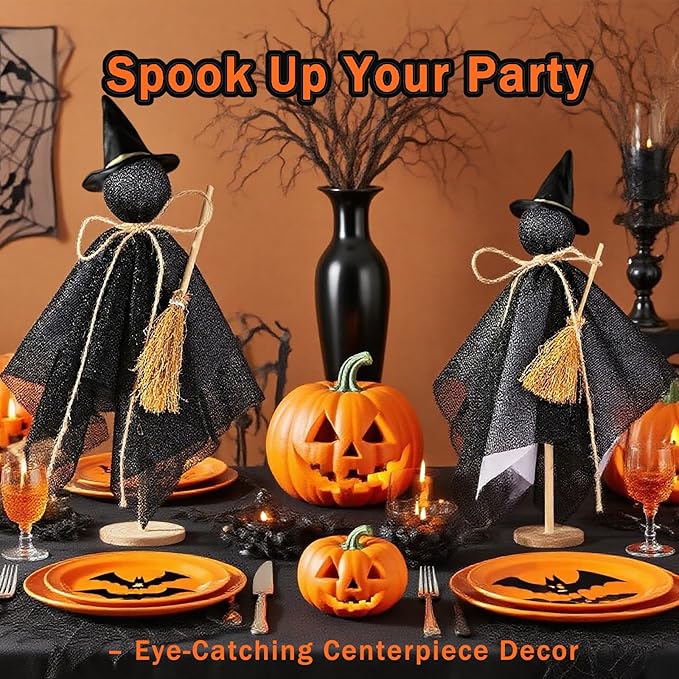 Halloween Decorations Indoor - 3 Set Primitive Halloween Wtich with Hat, Wooden Stand Witch Decor for Table Centerpieces, Mantels, Shelves, Vintage Spooky & Festive Party Decor