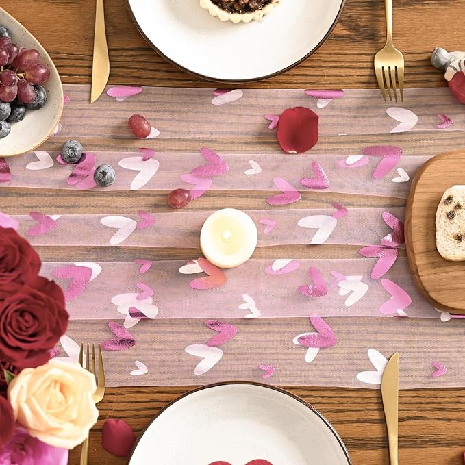 Artoid Mode Pink Heart Gauze Table Runner 120 Inch 10FT,Glitter Metallic Foil Valentine’s Day Sheer Dining Anniversary Wedding Table Decor for Home Party
