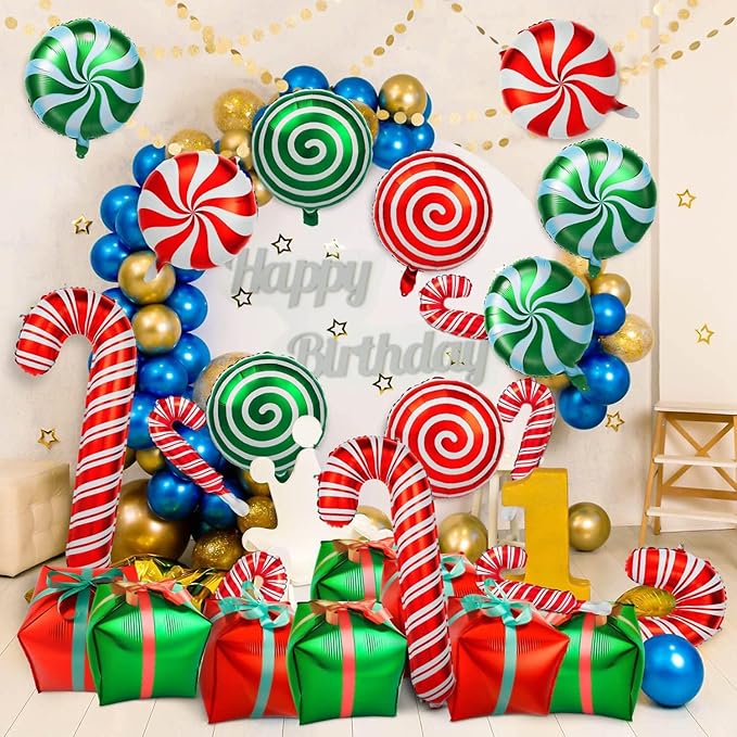 64Pcs Christmas Balloons Kit, Candy Cane Foil Balloons with Ribbons, Red Green Mylar Balloon for Party Decorations