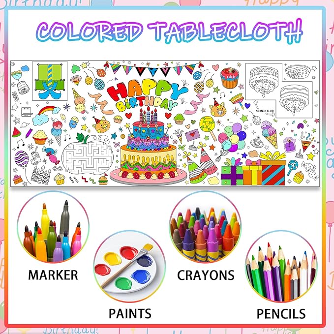 Birthday Party Giant Coloring Poster 30x72 Inch Drawing Paper Coloring Tablecloth DIY Art Crafts Mat for Birthday Themed Activity Wall Home Classroom Suppiles
