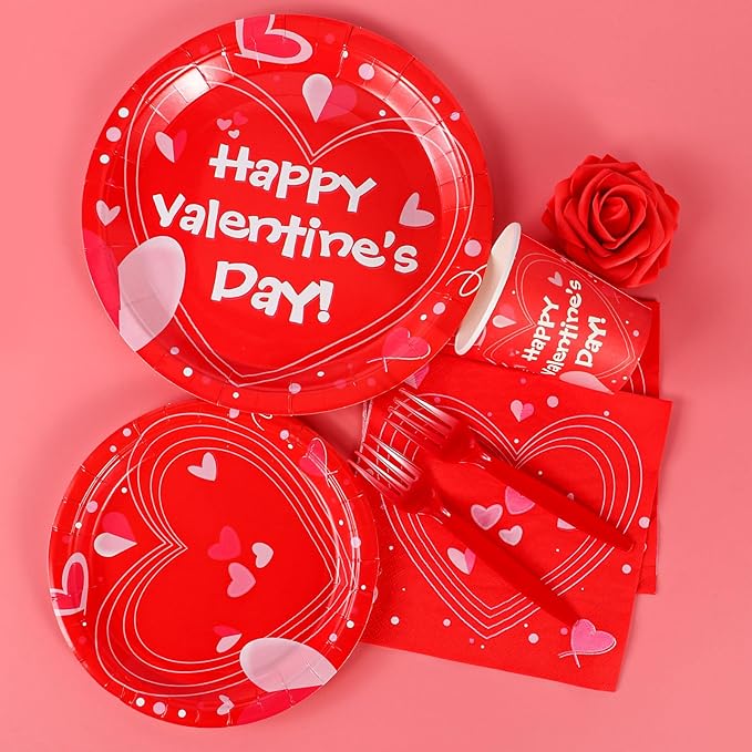 Atonofun Valentines Day Party Supplies, Valentines Day Plates and Napkins Set, Disposable Valentines Plates, Cups, Napkins and Forks for Valentine's Day, Engagements, Anniversary Party Serves 24