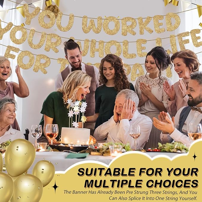 Fulmoon Pre Strung You Worked Your Whole Life for This Party Banner Funny Retirement Glitter Banner Graduation Party Decorations Going Away Supplies for Men Women Gifts, No DIY(Champion Gold)