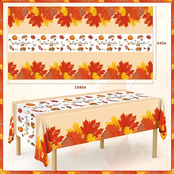 3pcs Thanksgiving Tablecloth, Thanksgiving Decorations Disposable Plastic Fall Tablecloth Maple Leaves Table Cover for Friendsgiving, Indoor and Outdoor 54 X 108 inch