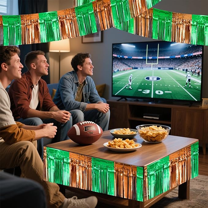 4 Packs Total 39 Ft Super Ball Parade Floats for Trailer Car, Green Brown Foil Fringe Garland Tinsel Streamers Hanging Backdrop Banner Table Skirts for Graduation Homecoming Birthday Football Party