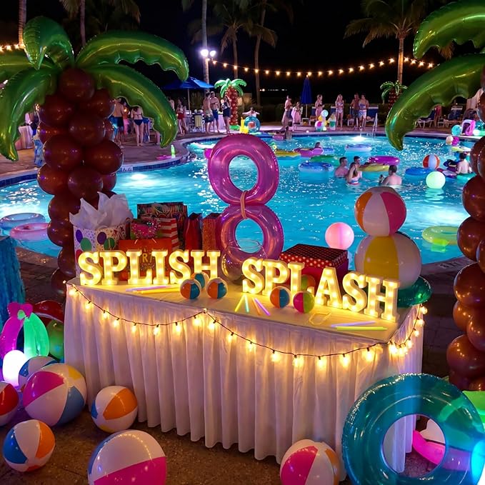 Honoson 12 Pcs Summer Splish Splash Party Decorations Light Sign Summer Pool Theme Lights Table Decoration for Beach Swimming Water Luau Hawaiian Tropical Party Decor