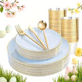 bUCLA 150PCS Blue Plastic Plates - Light Blue and Gold Disposable Include 25 Each (Dinner & Dessert) Plates, 25 Knives, 25 Forks, 25 Spoons and 25 Cups, Ideal for Party, Easter, Birthday & Wedding