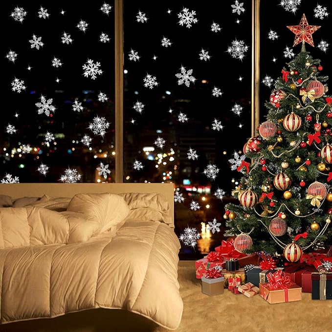 LUDILO 240Pcs Christmas Window Clings Glitter Snowflakes Window Decals Static Window Stickers for Christmas Decorations Windows Décor Ornaments Xmas Party Supplies Thanksgiving Party Décor