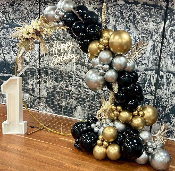Bonropin 152pcs New Years Balloons Arch Garland Kit, New Years Eve Party Supplies 2025 - Black, Gold, Silver Balloons, Gold Confetti Balloons for Wedding Graduation Birthday Party New Year Decoration