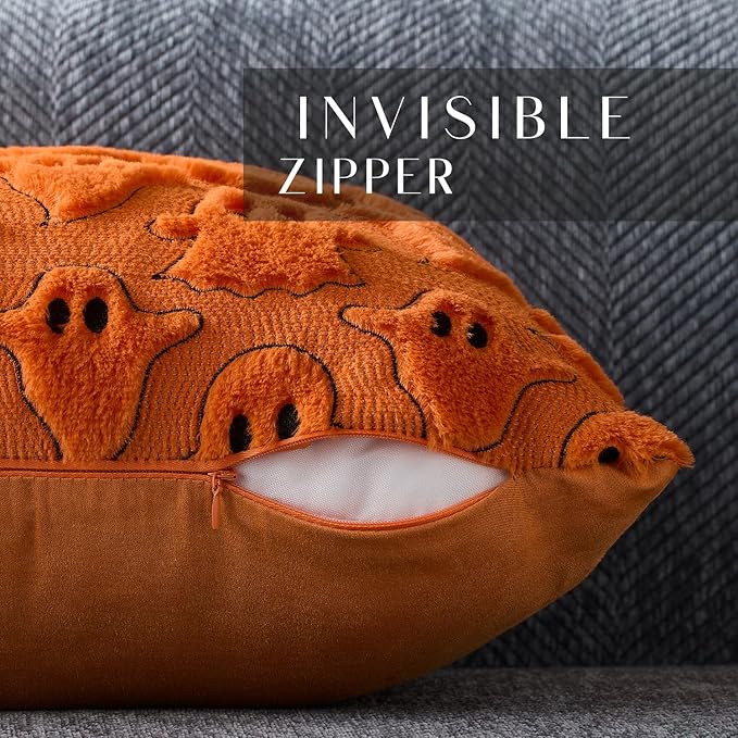 DFXSZ Halloween Pillow Covers 16x16 inch Set of 2 Orange White Ghost Throw Pillow Cases Soft Plush Faux Fur Wool Couch Cushion Case for Chair Sofa Bedroom Living Room Home Decor PTK03K16