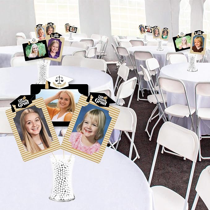 Graduation Photo Display Centerpiece Kit - 15 Double-Sided Photo Table Topper Sticks, Vertical and Horizontal 4x6 Picture Holders, DIY Party Decoration Set - Law School Grad
