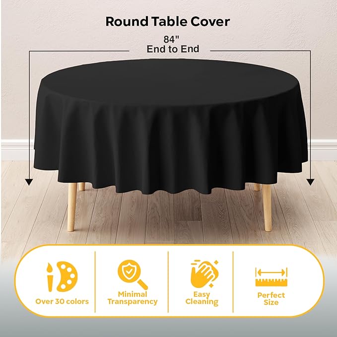 Exquisite 12-Pack Plastic Tablecloth 84 inch Round Value Pack Plastic Table Cover - Black