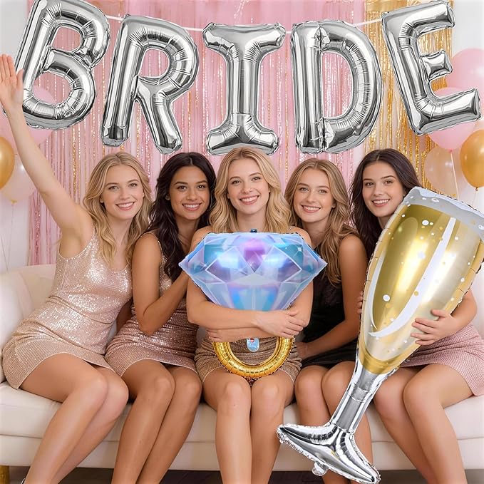 40inch Silver Bride Balloons Bachelorette, Bride To Be Bridal Shower Balloon Diamond Ring Champagne Glass Foil Balloon for Bachelorette Bridal Shower Engagement Wedding Hen Night Room Party Decoration