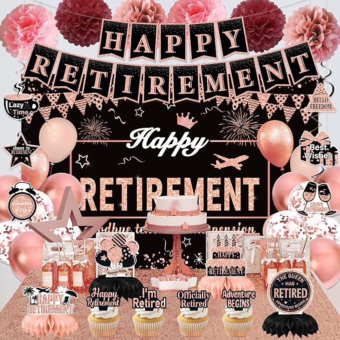 Retirement Party Decorations for Women, Rose Gold Happy Retirement Banner Backdrop Hanging Swirls Party Supplies, Retired Sash Balloons Honeycomb Centerpieces Cupcake Toppers Decor