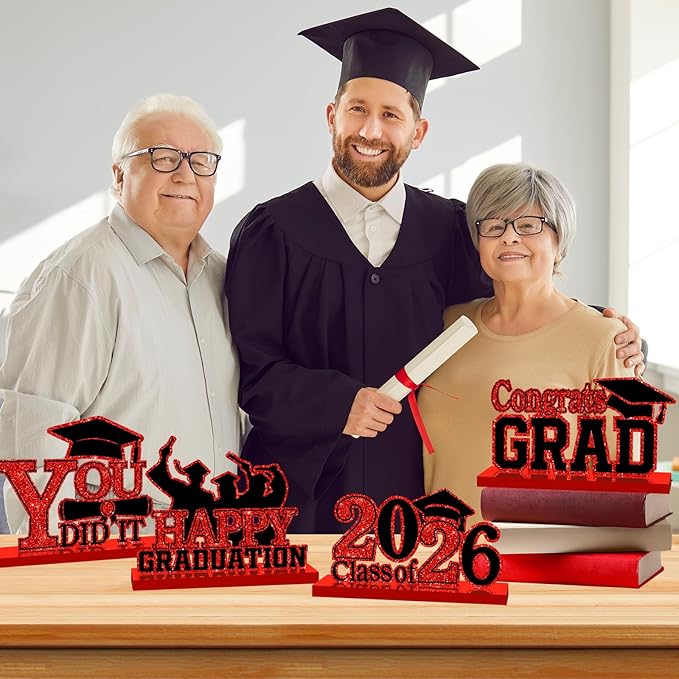 4Pcs Graduation Decorations Class of 2026 Wood Table Centerpieces Congrats Grad Wooden Sign Graduation Table Toppers Congratulate Tiered Tray Decor for 2026 Graduation Party(Red-Black)
