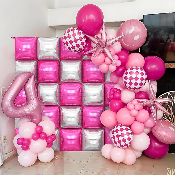 Hot Pink Silver Square Foil Balloons Wall, 25PCS Double Sided Chrome Silver and Pink Balloons Tunnel Arch Kit Backdrop for Girls Birthday Party Princess Graduation Galentines Valentines Decorations