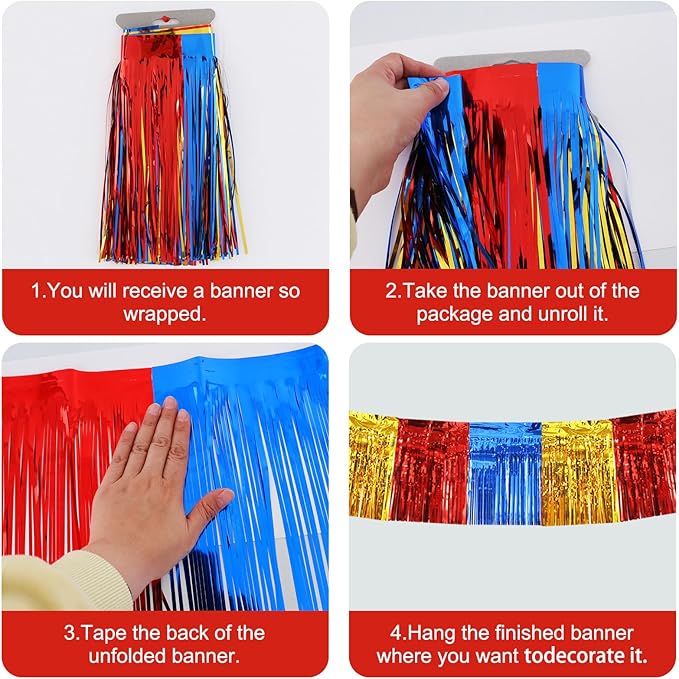 BEISHIDA 3 Packs Metallic Foil Fringe Garland Gold Red Blue Wall Hanging Tinsel Fringe Banners for Car Floats Birthday Baby Bridal Shower Wedding Graduation Holiday Party Decoration(30 Feet)