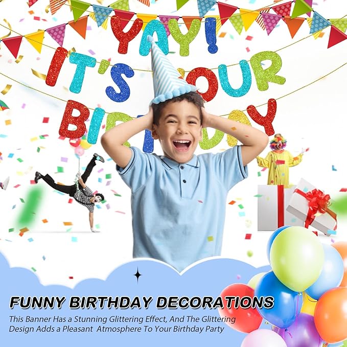 Fulmoon Pre Strung Yay It's Your Birthday Banner Glitter Happy Teen Boys Teen Girls Adult Banner Glitter Funny Birthday Party Decorations(Colorful)