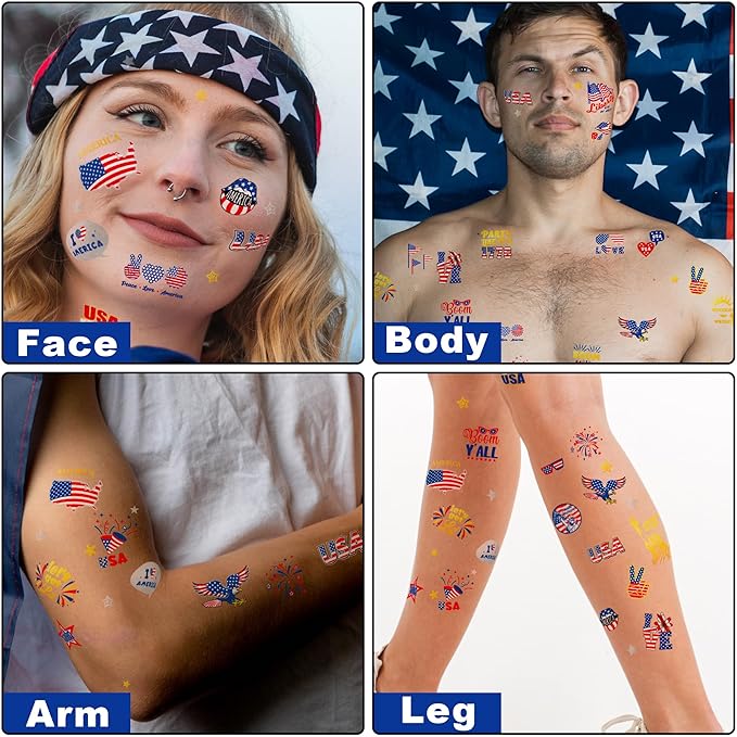 64 PCS 4 Sheets 4th of July Temporary Tattoo Set, Patriotic Party Face Body Decorations, American Flag Independence Long Lasting Tattoo Stickers for Kids Adults, Red White and Blue Accessories