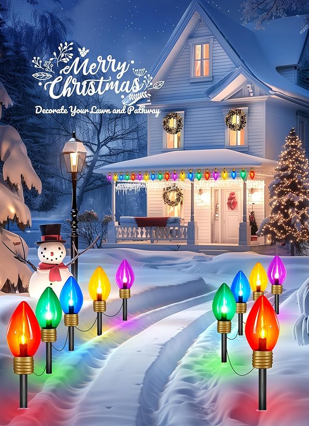 Minetom Jumbo Christmas Lights, C9 Outdoor Pathway Marker Stakes Lights, 4 Pack 10.5 Feet 5 LED String Lights Covered Jumbo Multicolored Light Bulb for Holiday Outside Yard Garden Walkway Decor