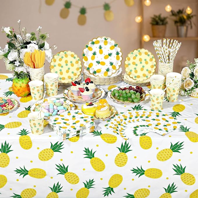 Ceenna 452 Pcs Pineapple Party Supplies for 50, Summer Fruit Paper Plates Napkins Cups Tablecloth Cutlery Straw Yellow Disposable Tableware for Birthday Bridal Baby Shower Wedding Party Decoration