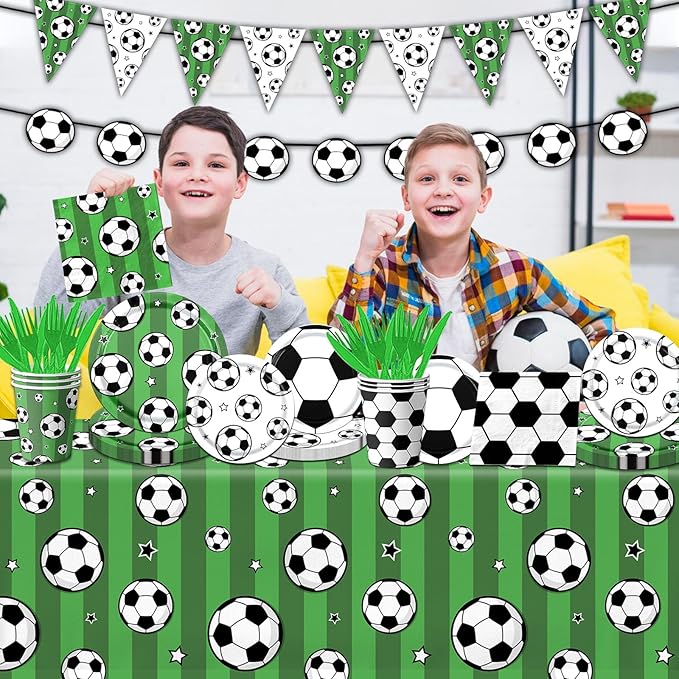 Soccer Party Tableware Set,142pcs Soccer Plates and Napkins Party Supplies Includes Banner, Plates, Cups, Napkins, Tablecloth for Boys Sports Theme Birthday Decorations,Serves 20