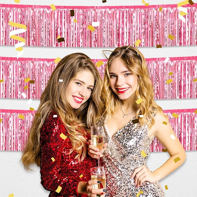 3 Pack 10 Feet Pink Foil Fringe Garland Metallic Tinsel Streamers Banner Wall Hanging Curtain Backdrop for Parade Floats, Christmas Day, Valentine's Day, Thanksgiving, Birthday Party Decorations