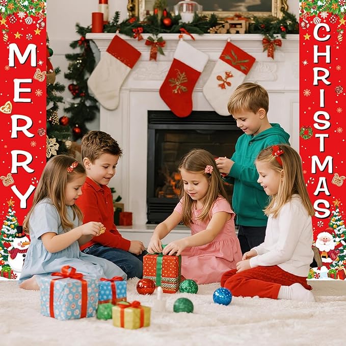 Merry Christmas Front Door Porch Banner, Christmas Sign Holiday Hanging Banner for Xmas Party Decorations, Indoor, Outdoor, Holiday Family Gathering, Winter Party Supplies
