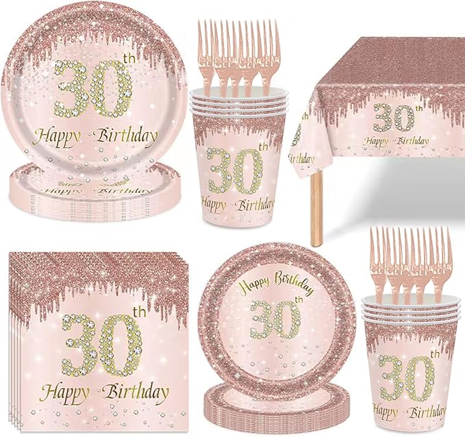 121Pcs 30th Birthday Party Supplies Plates Napkins Cups Forks Tablecloth Rose Gold Happy 30th Birthday Themed Disposable Tableware Decorations Serves 24 Guests for Women Her 30 Years