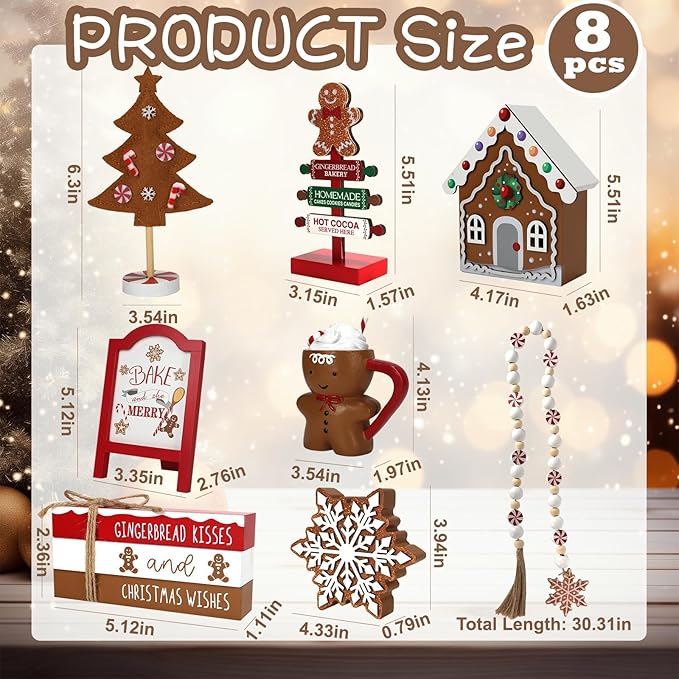 Gingerbread Christmas Decorations 8 PCS Tiered Tray Decor Set, Cute Tabletop Christmas Decor for Home Shelf Mantel Fireplace Office Desk Coffee Bar Xmas Table Centerpieces Tray Objects Holiday Baking