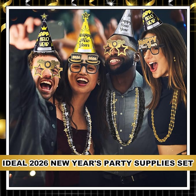 Gueevin 422 Pcs New Year's Eve Party Supplies Kit 2026 for 120 Guests, Including Happy New Year Banner & Backdrop, 60 Blowouts, 60 Squawkers, 60 Horns, 60 Hats, 60 Glasses, 60 Necklaces, 60 Leis