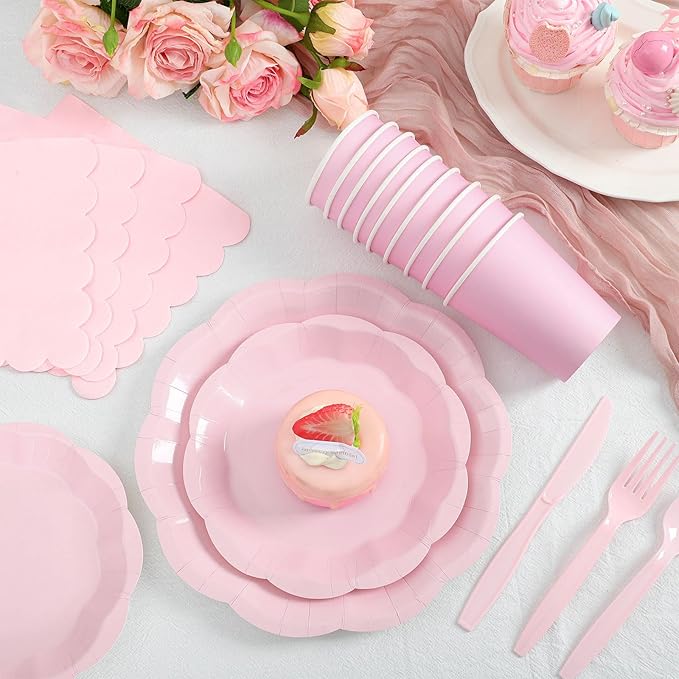 175 Pcs Pink Paper Plates and Napkins Set Include 9" Easter Plates, 7" Dessert Plate Disposable Scalloped Tableware Serve 25 Guest for Wedding Baby Shower Bridal Shower Birthday Mother's Day