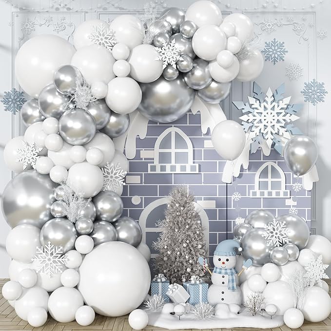 Silver and White Balloon Garland Kit, Metallic Silver White Balloon Arch Kit, Helium Latex Balloons Different Sizes 18/12/10/5 Inch for Wedding Birthday Baby Shower Anniversary Party Decorations