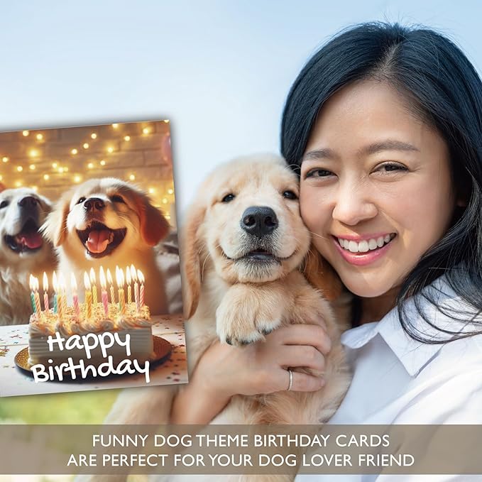 Gooji 5x7 Dogs Birthday Card, Funny Humorous Cute Card for Wife Husband Teenage Young Boy Girl Men Women Adult, Golden (Candles)