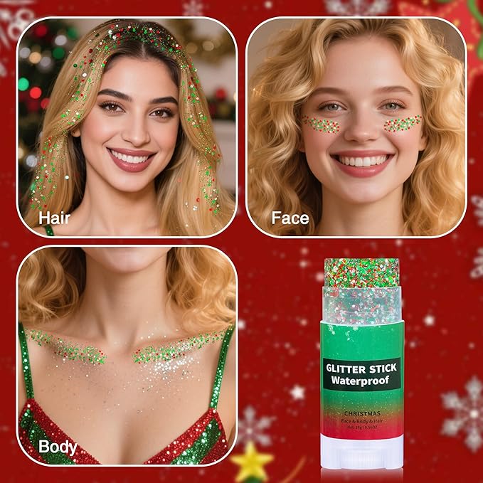 Christmas Hair Glitter Stick,Red and Green Silver Face Body Glitter Makeup,Waterproof Christmas Outfits for Women, Stocking Stuffers Sparkling Party Gift for Girls,Chunky Glitter Makeup